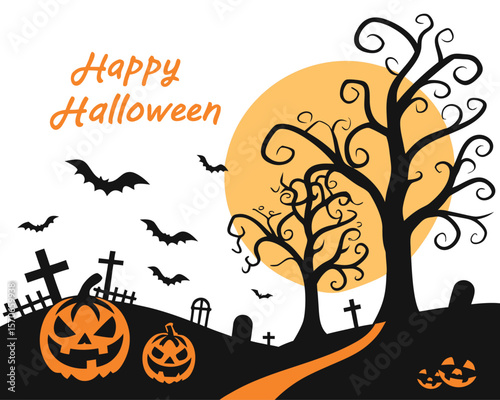 halloween, pumpkin, tree, vector, autumn, night, illustration, moon, bat, holiday, design, silhouette, horror, scary, dark, october, black, spooky, orange, nature, celebration, frame, cartoon, art
