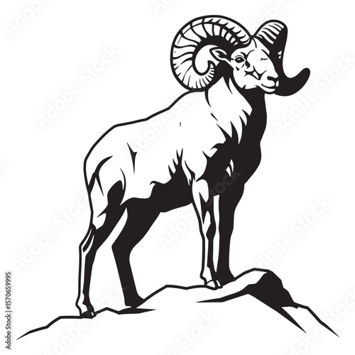 Majestic bighorn sheep silhouette perched atop a rocky ridge in simple vector illustration