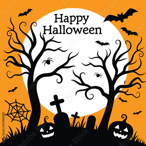 halloween, pumpkin, tree, vector, autumn, night, illustration, moon, bat, holiday, design, silhouette, horror, scary, dark, october, black, spooky, orange, nature, celebration, frame, cartoon, art