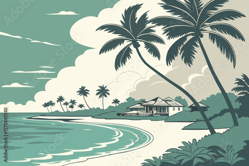   tropical island, paradise resort, white sandy beach, palm trees, turquoise ocean, cloudy sky, villa, luxury hotel, illustration