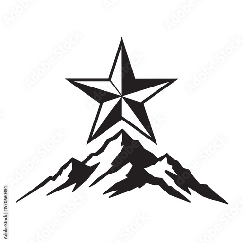 Mountain peak silhouette with a five pointed star in a black and white design.