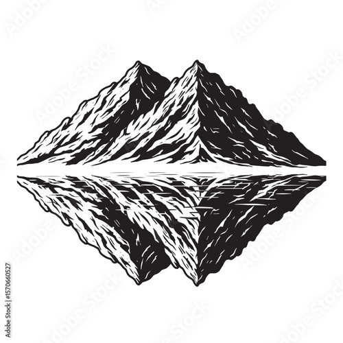 Mountain range silhouette reflected in water with artistic engraved style and black and white design