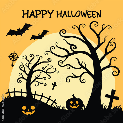 halloween, pumpkin, bat, night, tree, moon, autumn, vector, holiday, horror, scary, illustration, silhouette, dark, spooky, celebration, cartoon, october, design, orange, cemetery, fear, evil, black, 