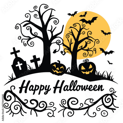 halloween, pumpkin, tree, vector, autumn, night, illustration, moon, bat, holiday, design, silhouette, horror, scary, dark, october, black, spooky, orange, nature, celebration, frame, cartoon, art