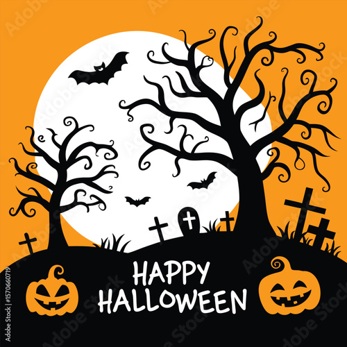 halloween, pumpkin, night, bat, vector, autumn, moon, horror, tree, holiday, illustration, spooky, scary, dark, october, silhouette, celebration, design, cartoon, black, orange, card, evil, fear, cree