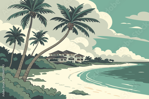   tropical island, paradise resort, white sandy beach, palm trees, turquoise ocean, cloudy sky, villa, luxury hotel, illustration