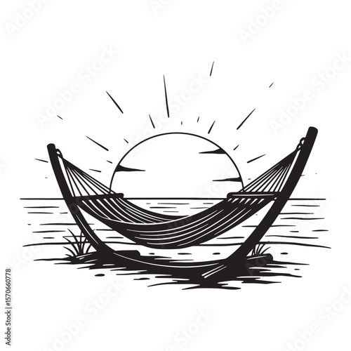 Relaxing hammock silhouette with sunrise or sunset over the sea peaceful vacation concept