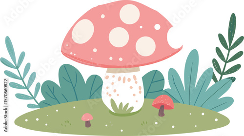 Cute Oversized Mushroom in a Whimsical Garden Flat Kawaii Style Illustration with Playful and Adorable Nature Elements.