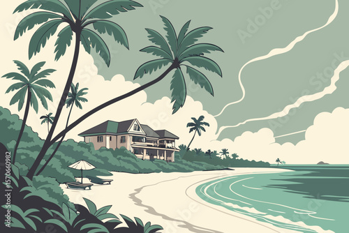   tropical island, paradise resort, white sandy beach, palm trees, turquoise ocean, cloudy sky, villa, luxury hotel, illustration
