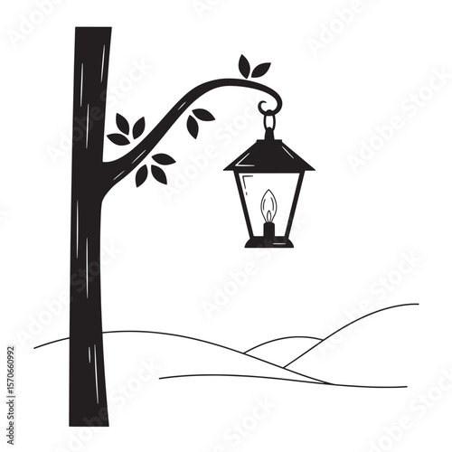 Silhouette illustration of a tree branch with a street lamp and rolling hills landscape