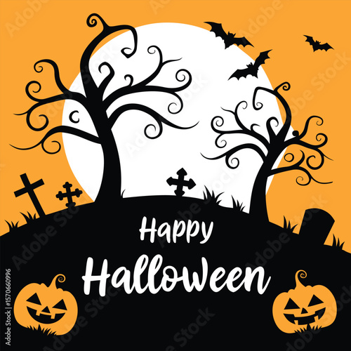 halloween, pumpkin, night, autumn, vector, bat, holiday, horror, moon, illustration, tree, october, spooky, scary, dark, celebration, card, silhouette, design, cartoon, orange, black, evil, fear, cree