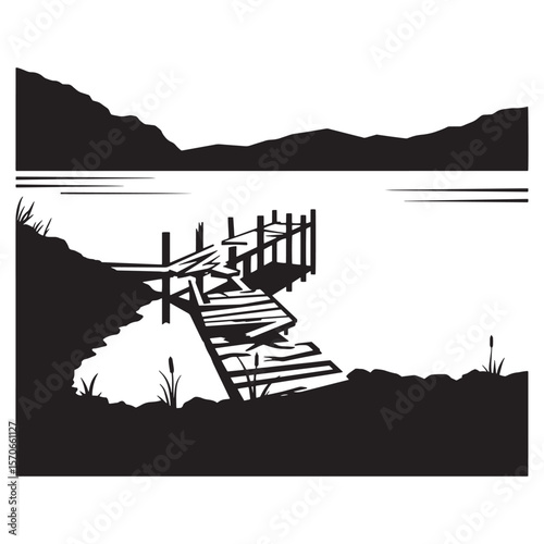 Silhouette illustration of a wooden pier collapsing into a lake with mountain background
