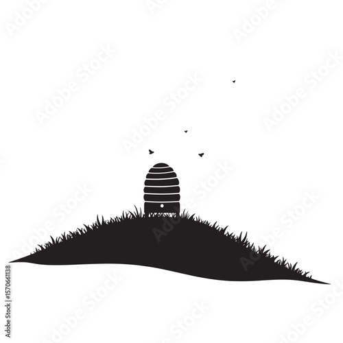 Silhouette of a beehive on a grassy hill with flying bees illustration black and white