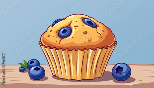 Delicious blueberry muffin with golden brown top, surrounded by fresh blueberries, evokes sense of warmth and comfort