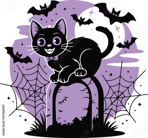 cat, animal, vector, cartoon, illustration, halloween, pet, kitten, black, silhouette, cute, design, art, love, domestic, character, moon, kitty, pets, flower, night, card, drawing