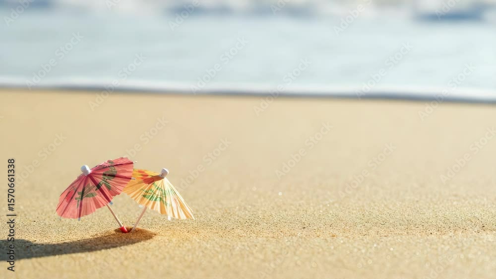 Two colorful paper umbrellas on sandy beach near ocean water Two colorful paper umbrellas on sandy beach near ocean water