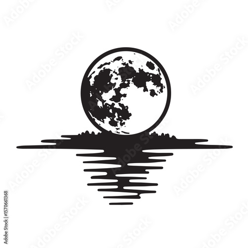 Silhouette of a full moon reflected in water in a serene black and white design