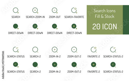 Twenty Green Olive and Beige Search Icons Set Zoom In Zoom Out Favorite Direct Down Status