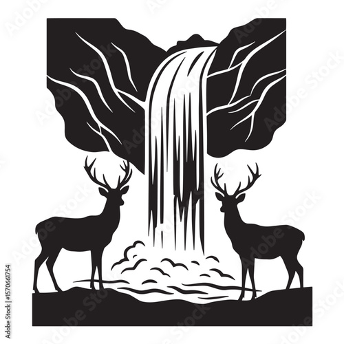 Silhouette of a waterfall between mountains and two deer in the forest vector illustration