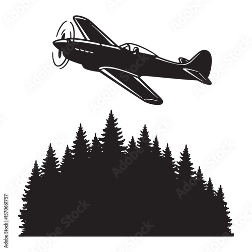 Silhouette of a vintage airplane soaring over a forest of pine trees in black and white