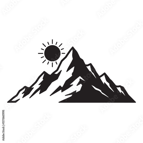 Simple black and white illustration featuring majestic mountain range and shining sun icon