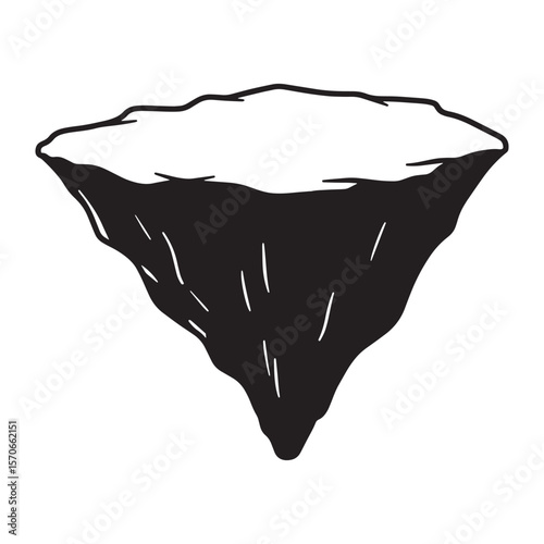 Simple black and white illustration of a floating island or mountain structure