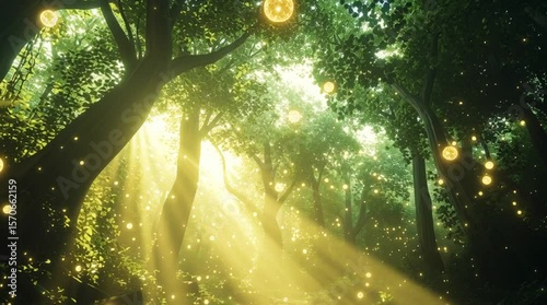 Fantasy enchanted forest, glowing magical orbs floating, sunlight filtering through tall ancient trees, camera slowly moving forward

