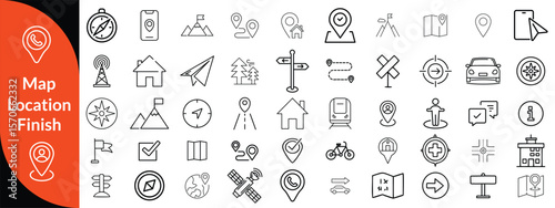 Maps, location and Navigation line editable icon set. Containing navigation, location, contains map with a pin, route map, navigator, direction and more. Vector illustration design 