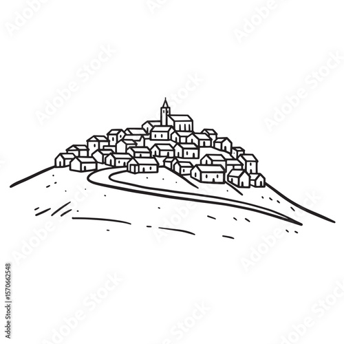 Simple line art illustration of a charming hillside village with church and road.