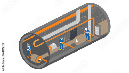 Isometric view of tunnel construction with workers installing pipes and equipment inside the tunnel space