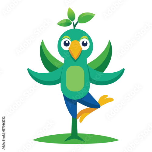 Cute cartoon bird doing a yoga pose on one leg with leaves on head
