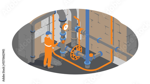 Isometric view of a worker inspecting pipes and valves in a mechanical room with brick walls and concrete floor