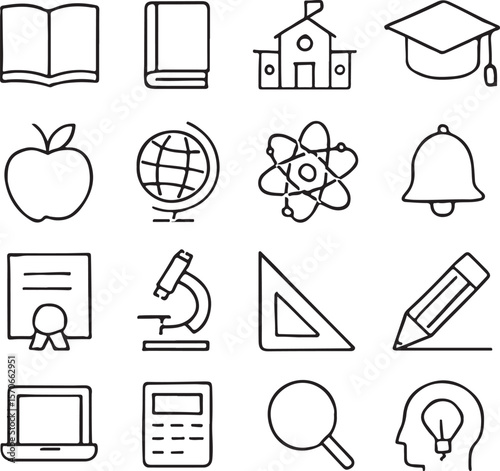 Education Icons Books, School, Graduation, Apple, Globe, Science, Bell, Diploma, Microscope, and More