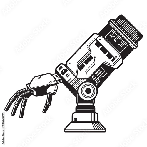 Vector illustration of a robotic arm with futuristic technology elements in black and white