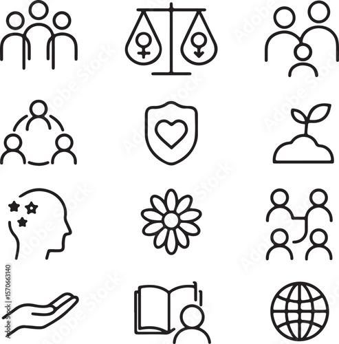Equality, Community, and Growth A Collection of Line Icons Representing Social Values