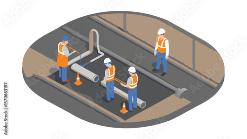 Isometric view of construction workers installing pipes in a trench on a construction site area