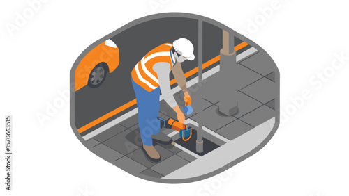 Isometric view of a worker in safety gear using equipment near an open manhole on a city street