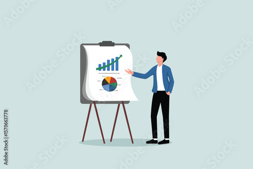 Business presentation, professional speaker to present work progress or investment portfolio concept, smart businessman present business analysis report on whiteboard in company meeting or conference.