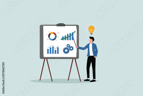 Sales pitch or presentation for business idea and opportunity, presenting proposal or plan to client or prospect, convince or selling concept, confidence businessman present sales pitch on whiteboard.