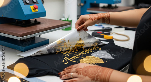 Woman peels vinyl from custom anniversary shirt after heat press application, showing foil design for apparel crafting.