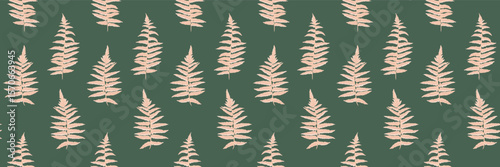 Seamless pattern featuring minimalist fern leaves on a dark green background. Perfect for fabric design, stationery, packaging, or home decor. Elegant and stylish aesthetic.