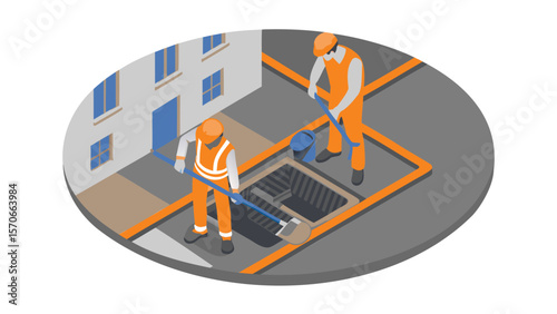 Two workers in orange uniforms working on a manhole in the street near a building isometric view