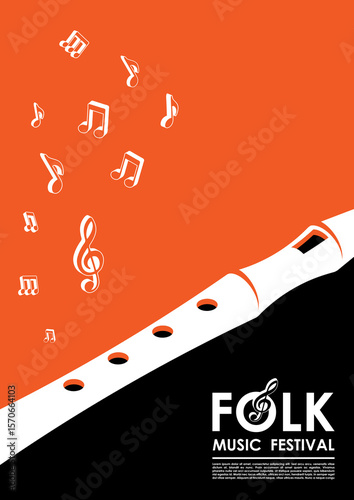 Advertising presentation of a folk concert with wooden flute plays a melody and notes rise up into air. Minimalist folklore music evening vector flyer template