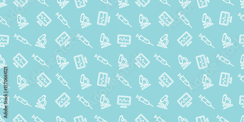 医療アイコンのシームレスパターン・背景素材
Modern Seamless Background Pattern Featuring Medical Icons and Healthcare Equipment in Flat Vector Design