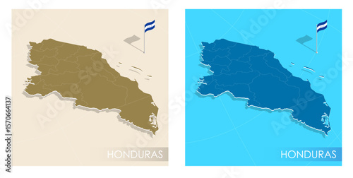 Honduras country flag installed on geographic positioning map point of country territory. Honduras commonwealth banner on land and sea. Festive patriotic HD format template for independence day