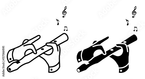 Line icon. Musician hand plays a melody on a musical wooden flute. Simple black and white vector isolated on white background