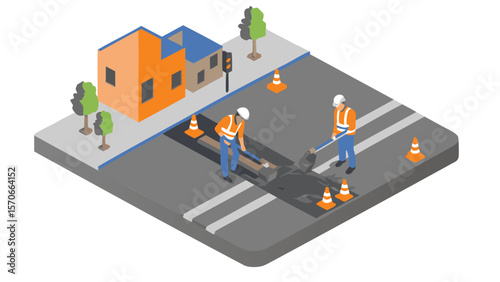 Isometric view of road repair with workers cones and buildings on a street in a neighborhood scene