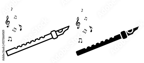 Linear icon. Wooden flute plays a melody. Notes rise up into air. Simple black and white vector isolated on white background