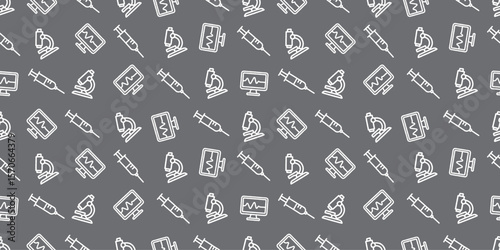 医療アイコンのシームレスパターン・背景素材
Modern Seamless Background Pattern Featuring Medical Icons and Healthcare Equipment in Flat Vector Design