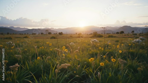 Serene Sunset Meadow with Wildflowers and Mountains